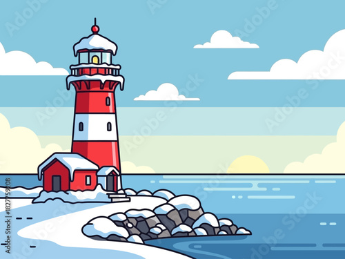 Red and white striped lighthouse on a snowy rocky coast.