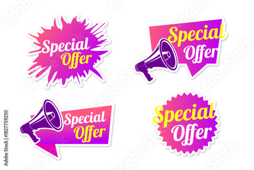 Set of vector stickers colored bright purple pink gradient sticker design with megaphone