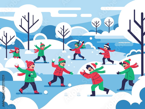 Children having a fun snowball fight in the snow.