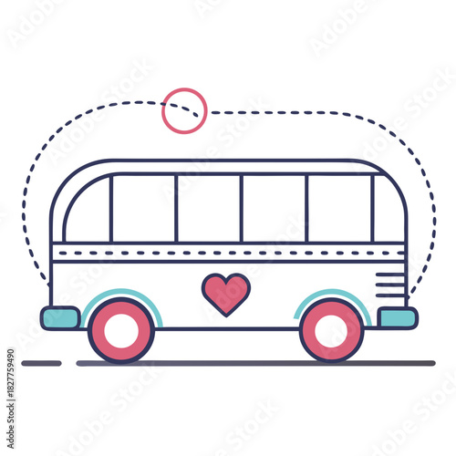 One-Line Dashed Bus Illustration with Heart Icon