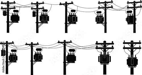 Silhouette Vector Set of Electric Utility Poles with Transformers and Power Lines for Energy Distribution Grid Infrastructure