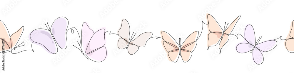 Fototapeta premium Seamless horizontal border with butterflies. Line Art. Vector. 