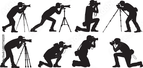 Silhouette of photographers in various poses with cameras and tripods