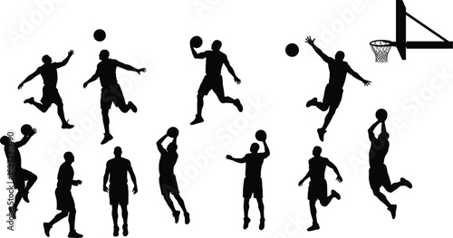 Black silhouettes of basketball players in various action poses with a basketball hoop