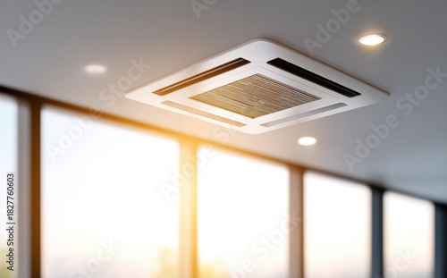 Ceiling cassette air conditioner on white ceiling in modern room with bright sunlight from large windows and warm comfortable atmosphere in summer