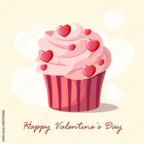 Happy Valentine's Day. A festive cupcake with hearts. Vector.
