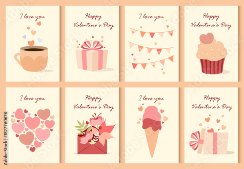 A set of cute Valentine's Day cards. Flat design. Vector.
