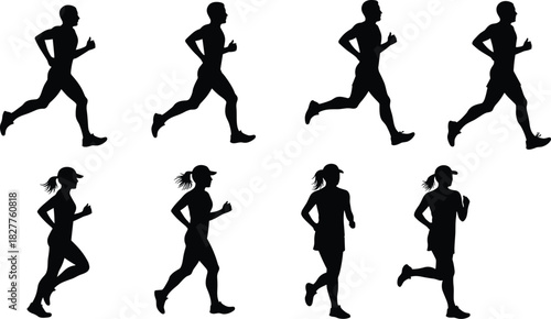 Black silhouettes of men and women running in various poses on white background runner