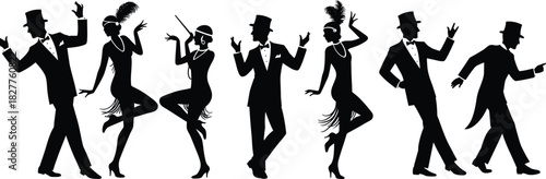 Black silhouettes of men in tuxedos and women in flapper dresses dancing vector