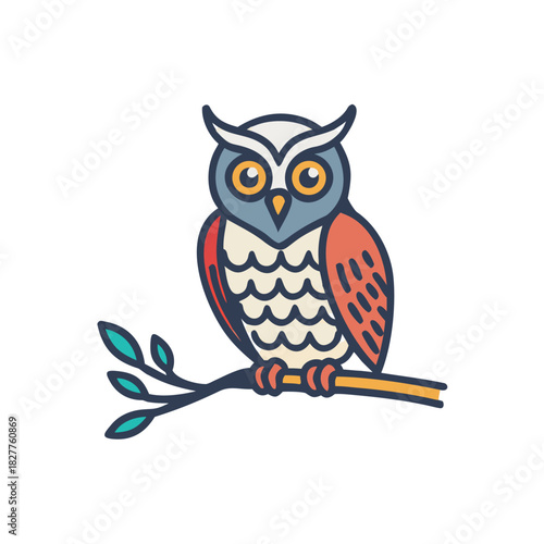 Owl on Branch Vector Color Icon Illustration