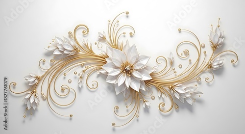 Elegant white poinsettia flower arrangement with swirling gold glitter accents isolated on white background