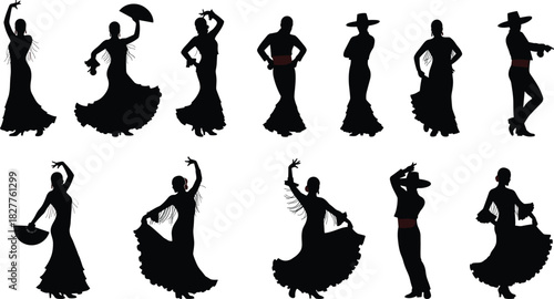 Collection of black silhouettes of flamenco dancers in various poses and outfits