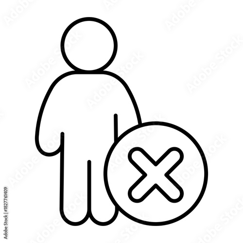 Human ban thin line icon, man concept. Vector graphics. Male with close button, forbidden item sign on white background, style icon mobile or web design.