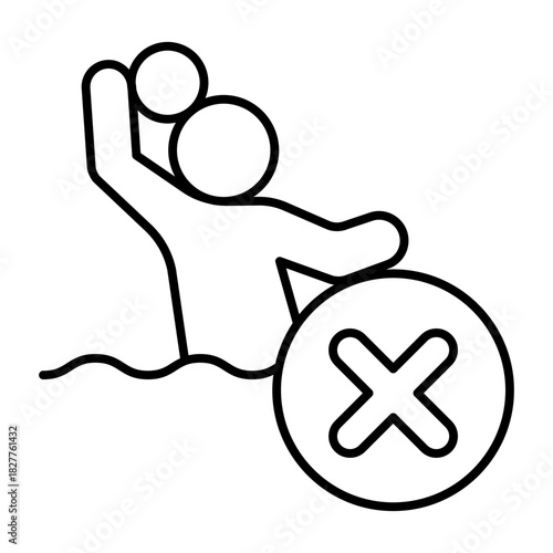 Man with ball in water ban thin line icon, water sport concept. Vector graphics. Player with close button, forbidden item sign on white background, style icon mobile or web design.