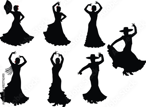 Seven black silhouette flamenco dancers with red accents in various poses woman