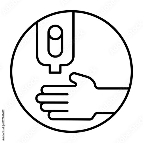 Hand and liquid soap jar thin line icon, hand washing concept. Vector graphics. Soap in container with button sign on white background, style icon mobile or web design.