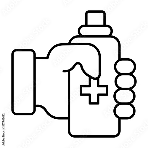 Bottle of antiseptic in hand thin line icon, medicine concept. Vector graphics. Antiseptic bottle with medical cross sign on white background, style icon mobile or web design.