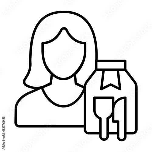 Woman and bag with fork and knife thin line icon, fast food concept. Vector graphics. Girl and bag sign on white background, style icon mobile or web design.