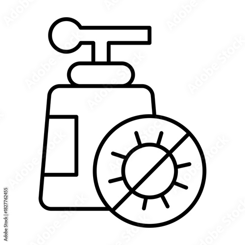 Bottle of liquid soap and no bacteria badge thin line icon, hygiene concept. Vector graphics. Soap bottle sign on white background, style icon mobile or web design.