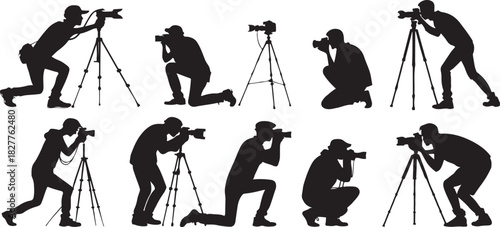 Silhouette of photographers in various poses with cameras and tripods