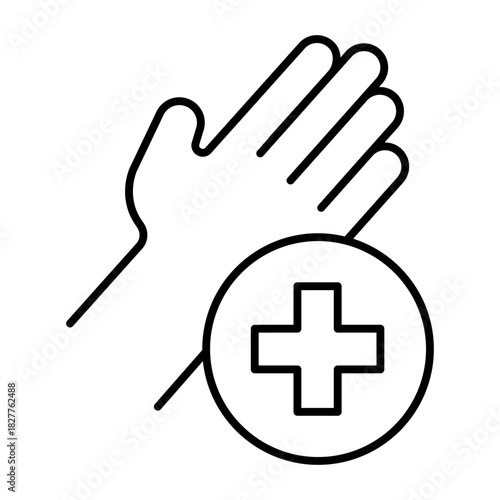 Hand with medical cross bubble thin line icon, hygiene concept. Vector graphics. Clean palm sign on white background, style icon mobile or web design.