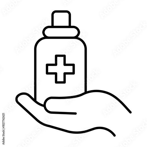 Bottle of antiseptic in palm thin line icon, hygiene concept. Vector graphics. Antiseptic bottle with medical cross sign on white background, style icon mobile or web design.
