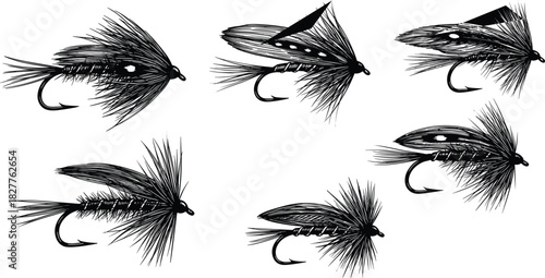 Six black and white hand drawn fishing lures on white background fly fishing tackle