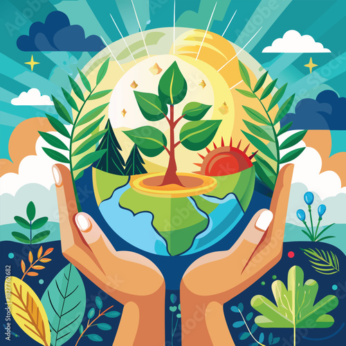 Hands holding planet Earth with growing tree, sun, and nature.