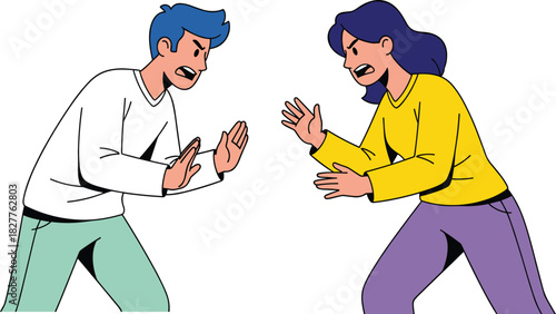 Cartoon illustration of two angry people arguing, emotional conflict, heated conversation, relationship tension, expressive communication, vector art for mental health and social issues content