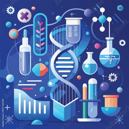 Abstract illustration of science, DNA, and laboratory equipment concepts. abstract