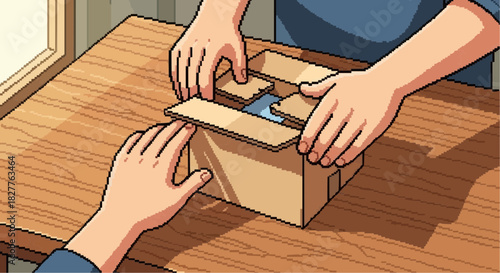 Hands Unboxing Shipping Package on Clean Wooden Table with Natural Light