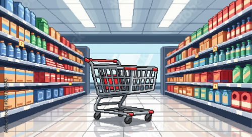 Empty Shopping Cart on Polished Floor in Bright Retail Aisle