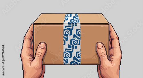 Person's hands holding delivery package sealed with branded tape