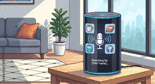 Modern Smart Home Assistant Device Displaying Online Shopping Command Screen