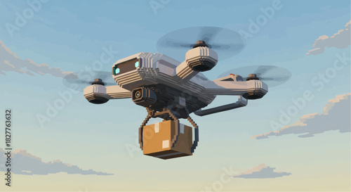 Stylized 3D Delivery Drone Flying with Package in Modern Sky