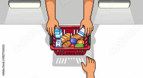 Hands Placing Products into Shopping Basket on White Counter