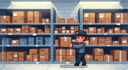 Warehouse Worker Stacking Packages on Shelves in Modern Distribution Center