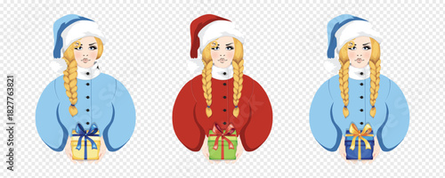 Set of vector illustrations of three festive blonde woman with braids in blue and red Santa costumes offering a gift, isolated on transparent background