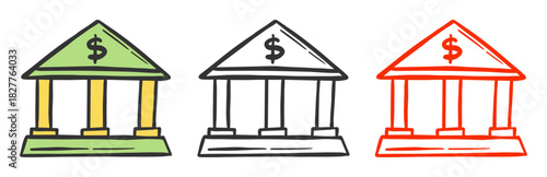 Hand-drawn bank building illustration with clean outline doodle style. Ideal for finance, business, banking, economy, investment