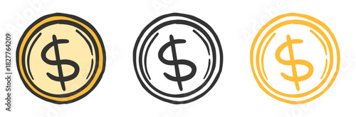 Simple hand-drawn dollar coin icon illustration in gold outline. Suitable for finance, money, business, and currency graphic use