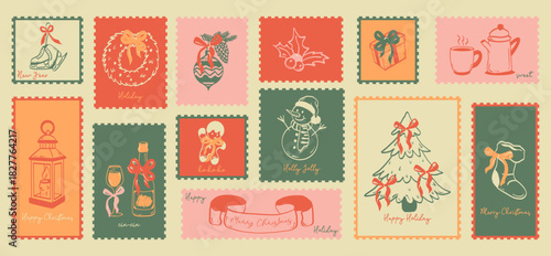 Charming vintage inspired vector hand drawn set of Christmas stamps and decorations featuring holiday motifs like Christmas tree, gifts, champagne glasses, baubles, gingerbread cookies, bows, candies.