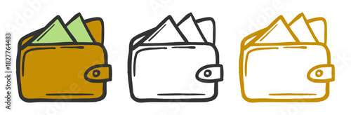 Hand drawn wallet with money stack illustration in sketch style. Simple, clean line drawing suitable for finance, banking, savings, economy and money themed design