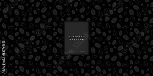 Seamless pattern of monochrome coffee beans and hearts outline on a black background