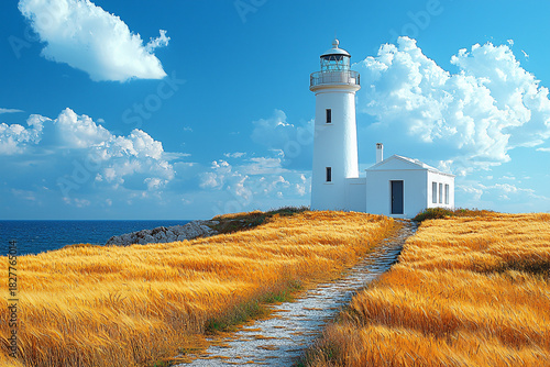 A serene lighthouse stands tall on a grassy hill, overlooking the ocean. Fluffy clouds drift across a bright blue sky, enhancing the peaceful atmosphere.
