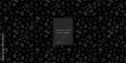 Seamless pattern of scattered monochrome coffee beans on a deep black background