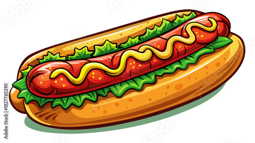 Very beautiful semi-realistic vector illustration of a savory hot dog, featuring a juicy sausage in a soft bun, with detailed textures, vibrant colors, and clean isolated presentation on a white backg