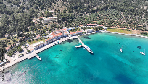 Aerial drone photo of iconic bay and holy Monastery of Archangel Michael Panormitis, Symi island, Dodecanese, Greece