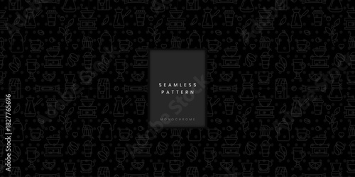 Seamless pattern of coffee making equipment and beverages outline on a black background