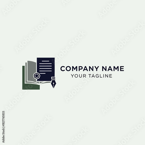 A logo featuring an open book, a document with a seal, and a fountain pen, symbolizing education, law, or writing services.