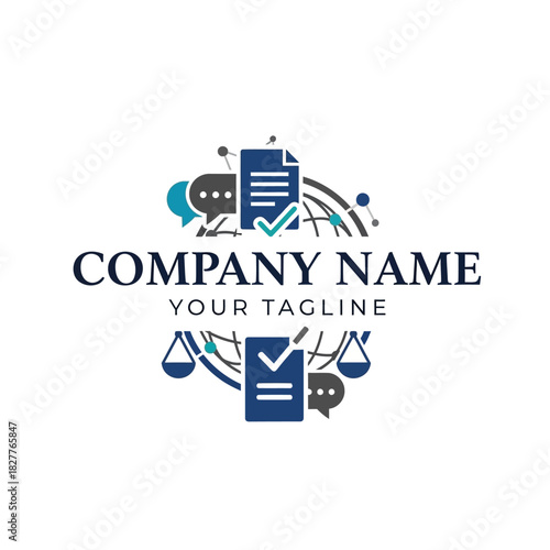 A professional logo design featuring a document with a checkmark, scales, and speech bubbles, representing legal and communication services.
